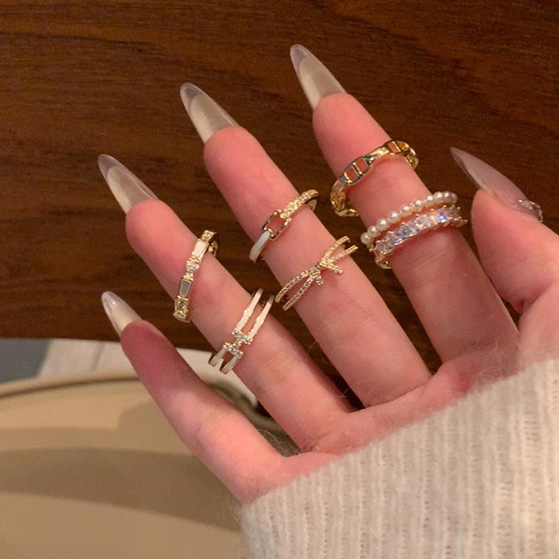 Light Luxury Double Row Pearl Zircon Open Ring Collection Women'S Niche Unique Fashion Temperament Versatile Ring Ring