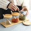 Kitchen Glass Condiment Jar Set Wood Lid with Tray Spoon Clear Seasoning Spice Salt Jar Dust-Proof Coffee Beans Organizer Bottle
