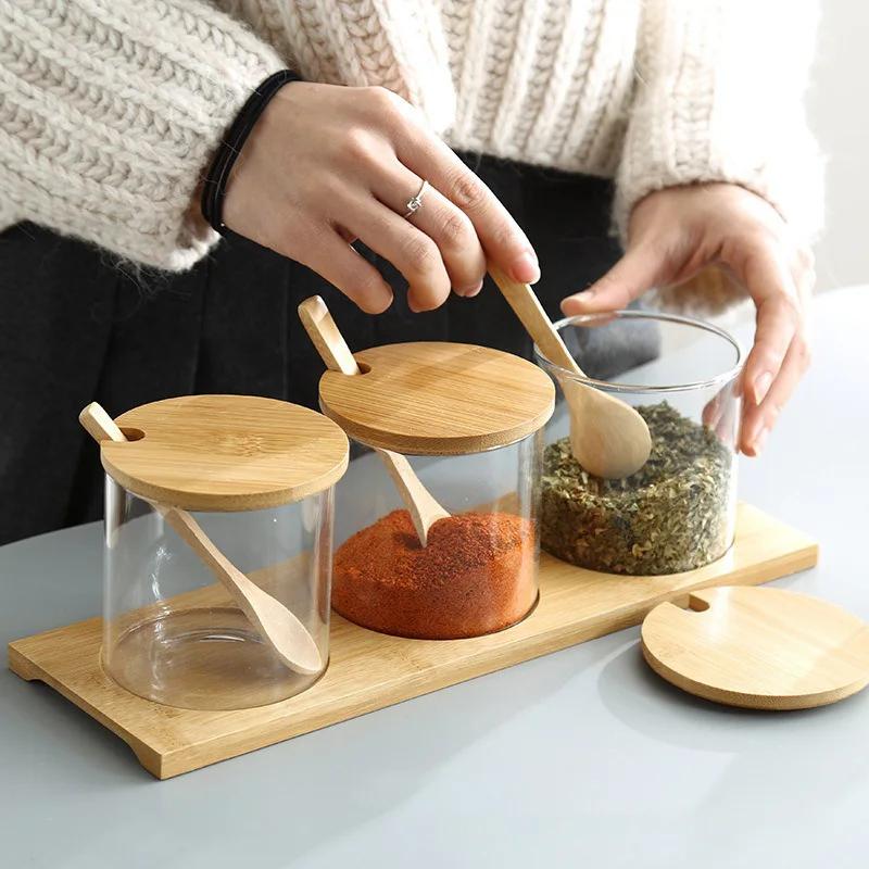 Kitchen Glass Condiment Jar Set Wood Lid with Tray Spoon Clear Seasoning Spice Salt Jar Dust-Proof Coffee Beans Organizer Bottle