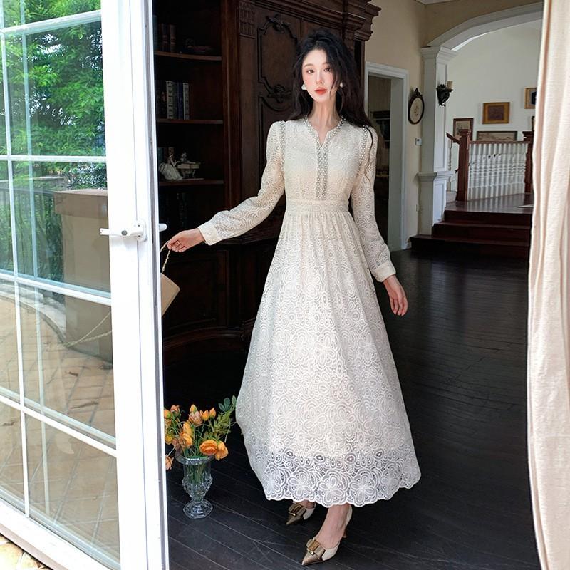 V-Neck Long Sleeve Lace Dress With Rhinestones Slim Fit A-Line Party Date Daily Wear