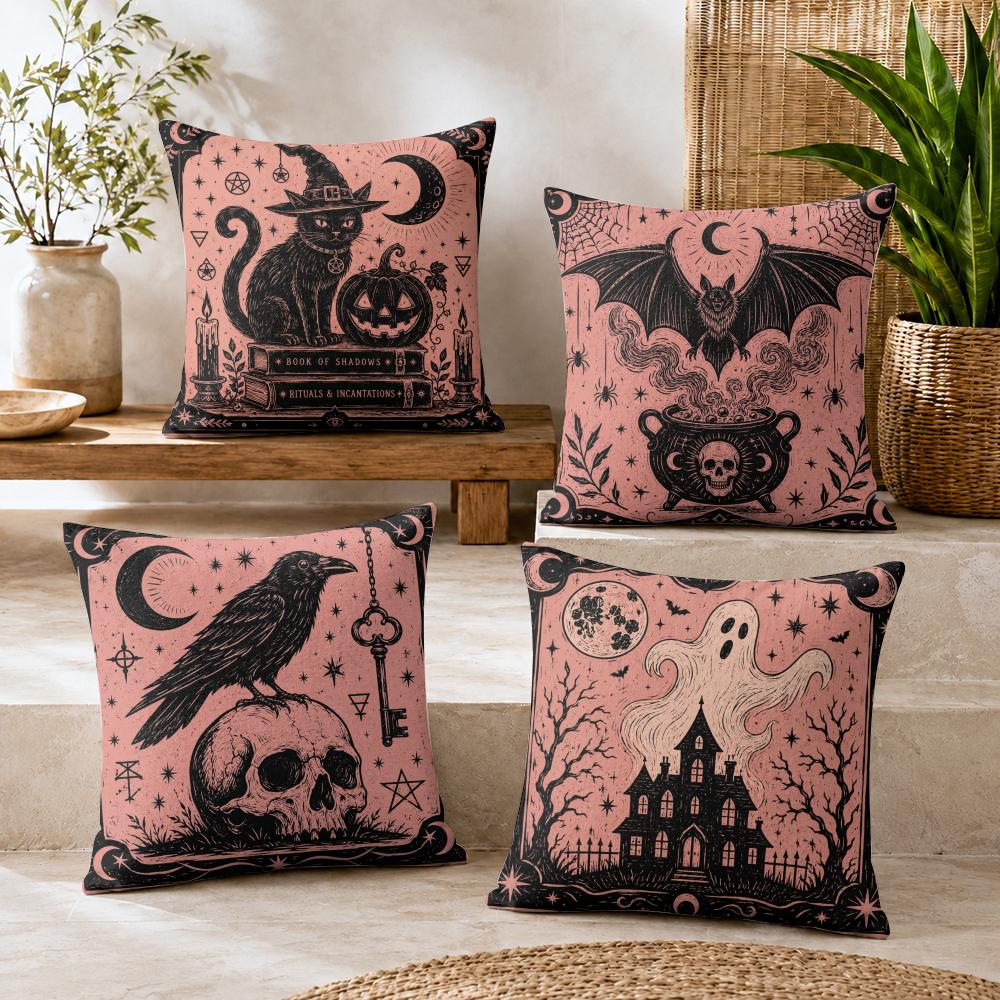 Halloween Spooky Cat Witchy Cushion Cover Durable Hypoallergenic Organic Linen Pillow Cover Short Size Washable SkinFriendly