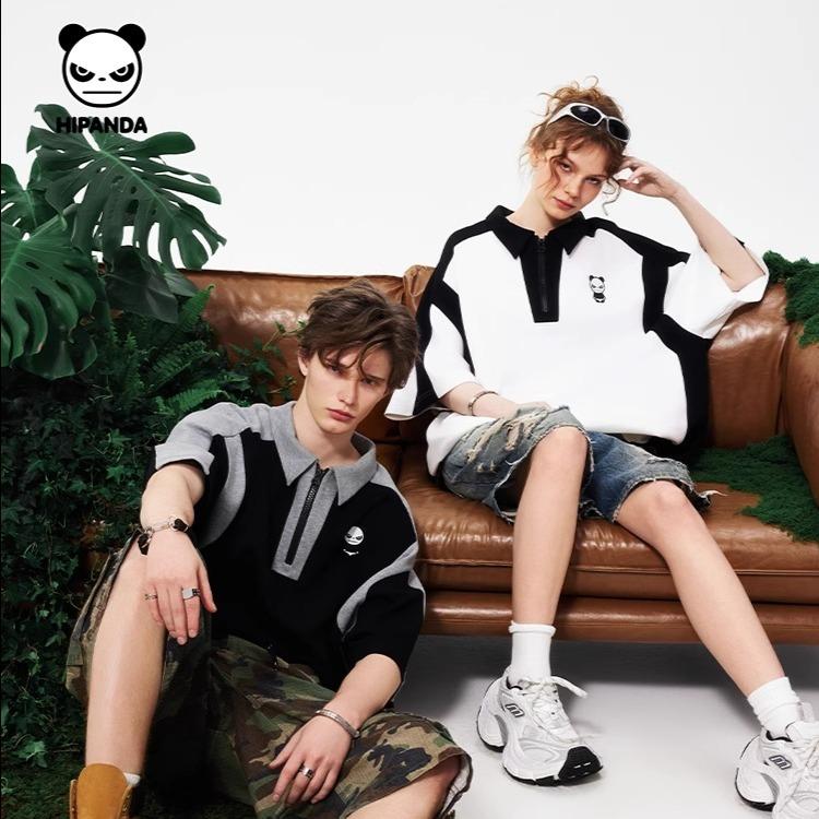 Hello Hipanda Panda Half Zipper Casual Polo Shirt Short Sleeve T-shirt