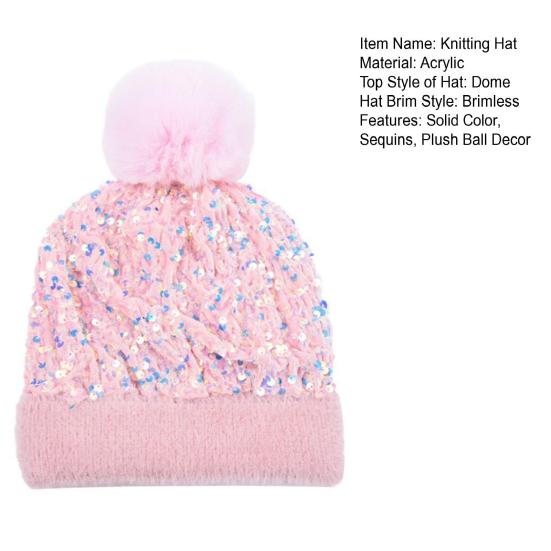 Женская вязаная шапка с плюшевым помпоном, украшенная блестящими пайетками, шапка без полей, зимняя теплая пушистая панама, головной убор