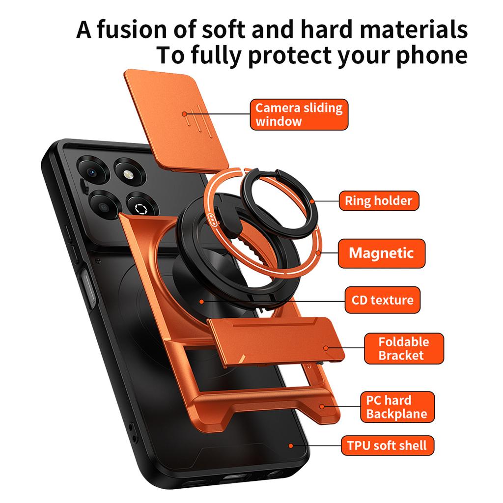 For Honor X6b 4G Magnetic Case Ring Holder Foldable Kickstand TPU PC Phone Cover with Camera Lens Slider