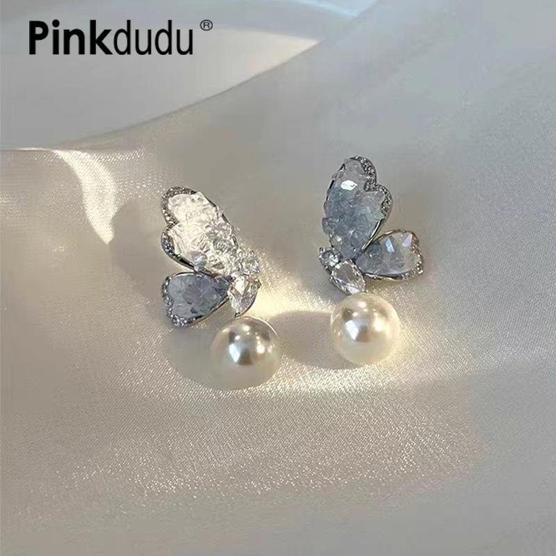 Pinkdudu Retro Fashion Butterfly Pearl Stud Earrings Personality Temperament Elegant Alloy Crystal Earrings Jewelry Gift For Girl PD1624