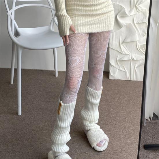 Ажурные чулки, ультратонкие декоративные белые женские колготки в сеточку с милым сердечком на весну и лето