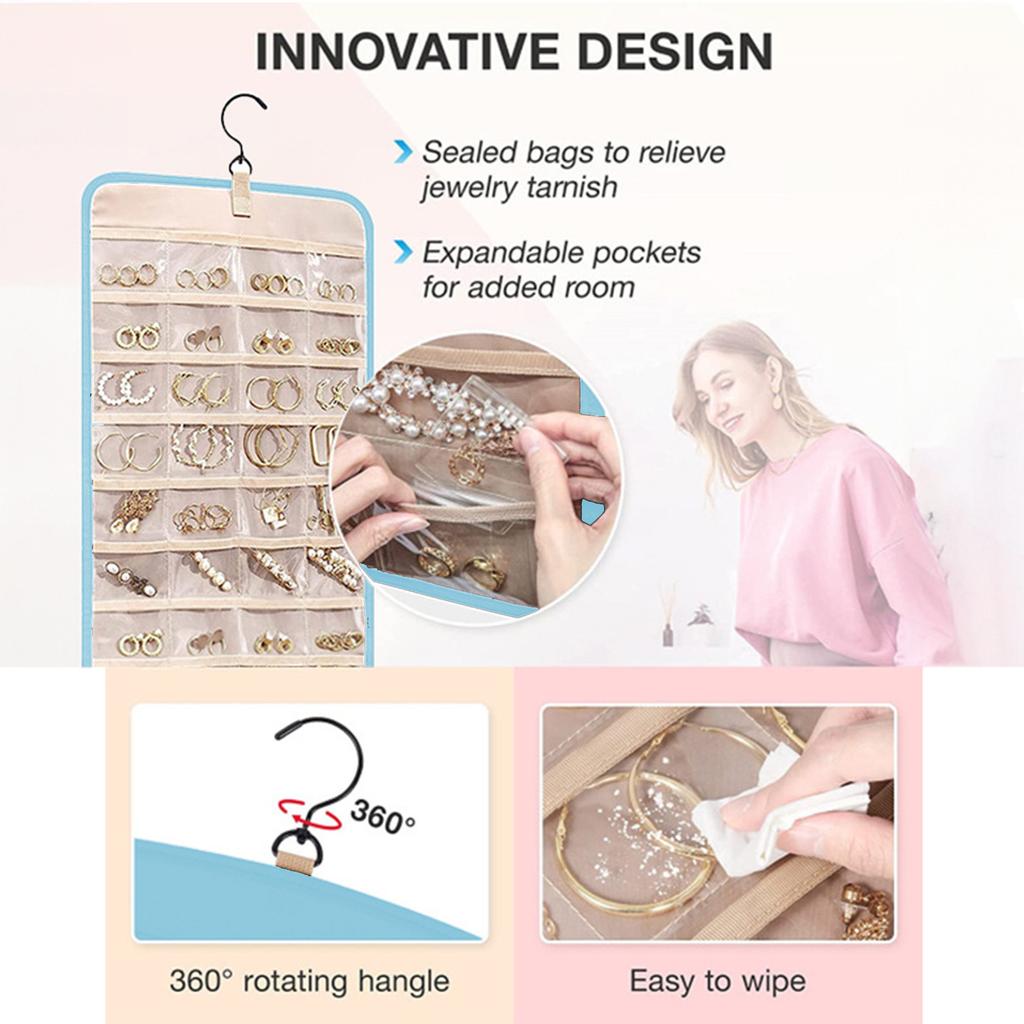 1 Pcs Hanging Jewelry Organizer Storage Roll With Hanger Metal Hooks Double-Sided Jewelry Holder For Earrings Necklaces Rings