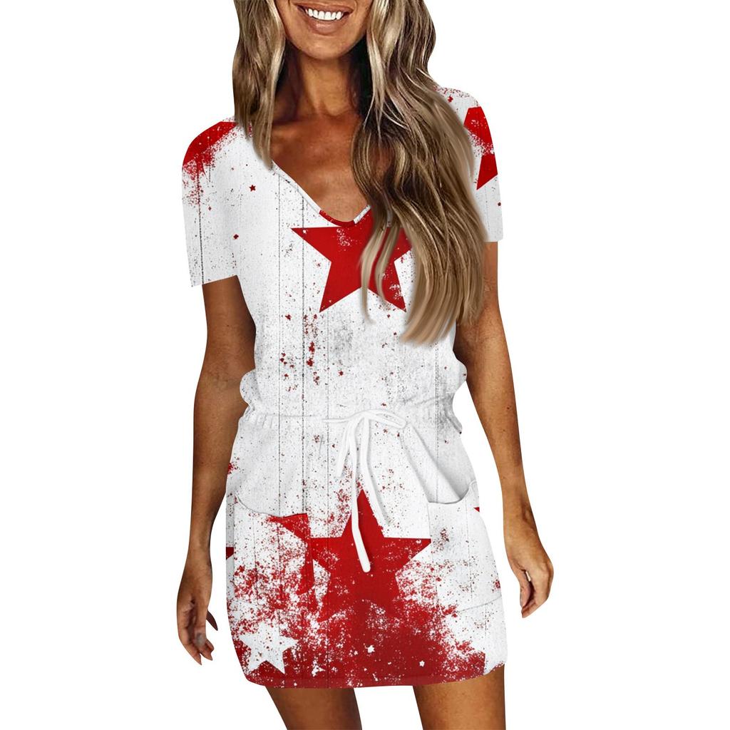 Женское летнее повседневное модное платье с короткими рукавами и кулиской на день независимости