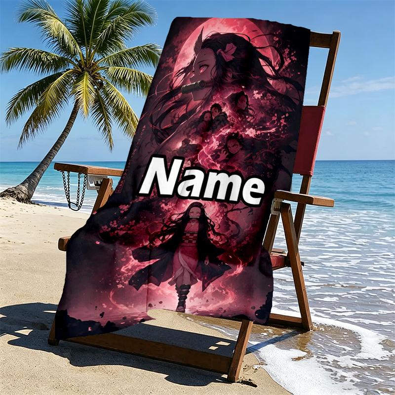 Custom Name Personalized Demon Slayer Print Beach Towel, for Trip Camping Beach Party Home Decor, Birthday Gift for Family & Friends