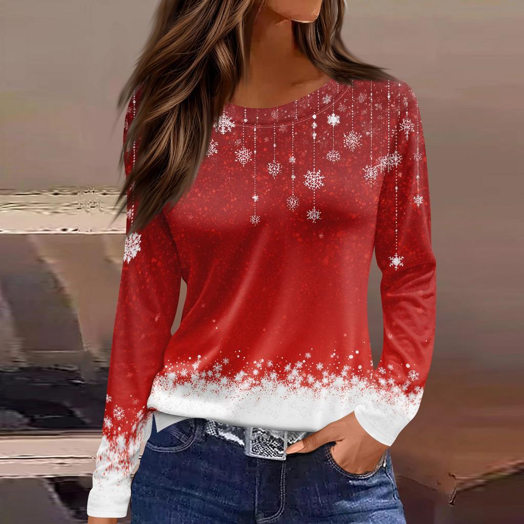 Женская модная повседневная футболка с разрезом и круглым вырезом, длинным рукавом, свободная, с принтом, женская футболка на Рождество