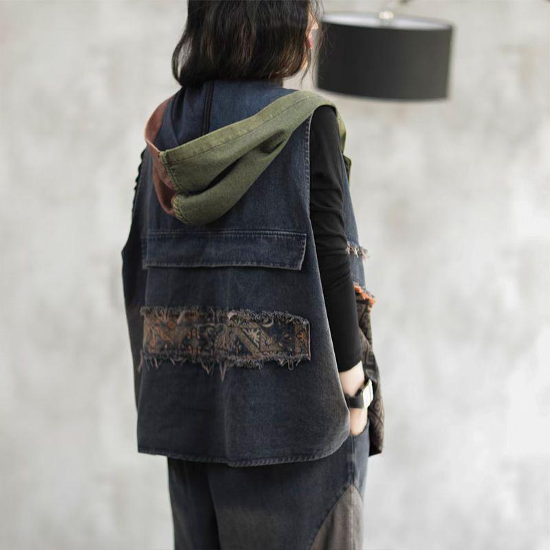 Джинсовый жилет с капюшоном, женский, весна-осень, свободный, литературный, ретро, с молнией, двойной карман, стираный жилет