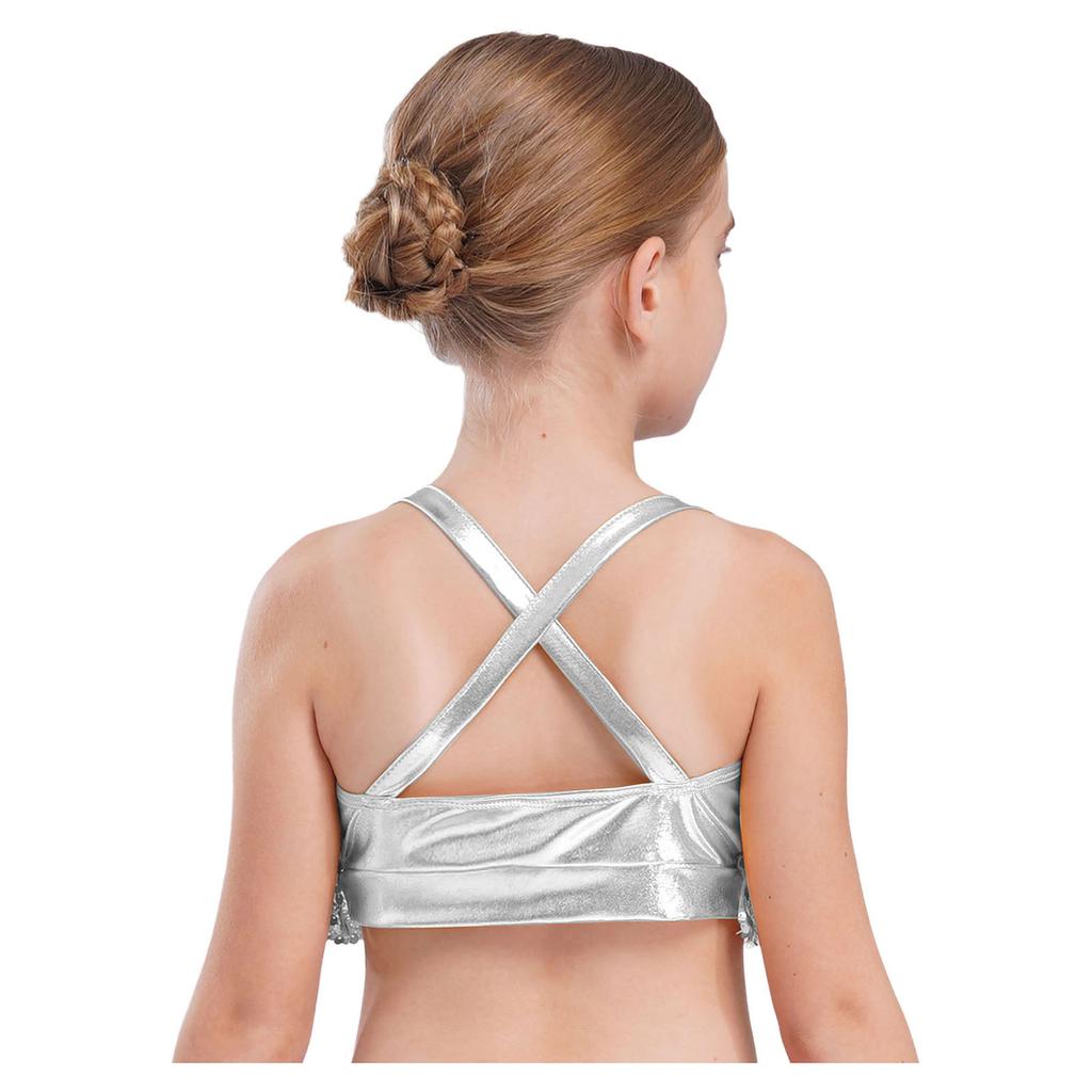 Girls Glittery Sequins Crop Top Tiered Ruffles Cross Back Metallic Camisole for Jazz Dance Performance