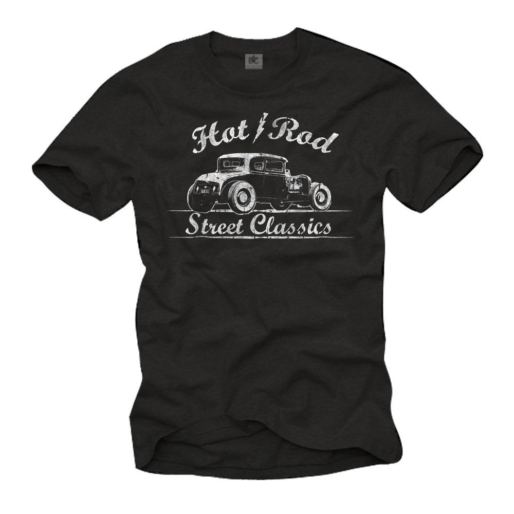 Cool Car Rockabilly T-Shirt for Men with white "HOT ROD Flash Street Classics" print, Black S-XXXXXL