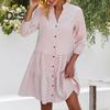 Платье-рубашка на пуговицах для женщин Повседневное платье в полоску с коротким рукавом и V-образным вырезом Струящееся платье-миди А-силуэта для летнего пляжного отдыха