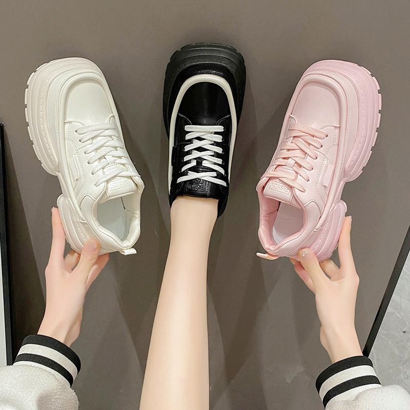 Black Sneakers Shoes Women's Spring Autumn New Minority Design Muffin Thick Soles Big Toe Shoes Lace-Up Casual Zapatillas Mujer