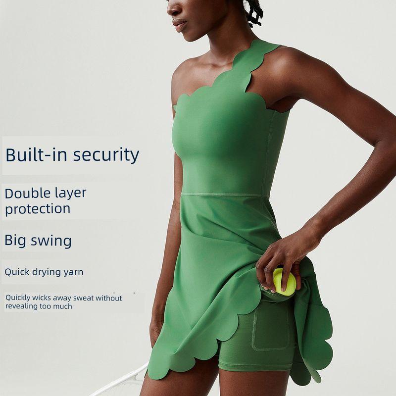 Wave One-Shoulder Tennis Dress for Women with Lace, Asymmetrical Shoulder, Beautiful Back, Sports Dress with Anti-Exposure Pockets, Fitness Dress