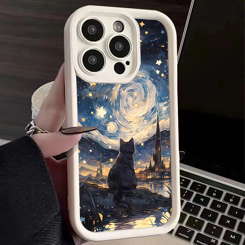 Starry Night Black Cat Moon Wave Silhouette Art Phone Case for iPhone 17 16 15 14 13 12 11 Series Pro Max Plus