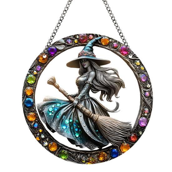 Halloween Witch Black Cat Hanging Sign 2D Flat Acrylic Broom