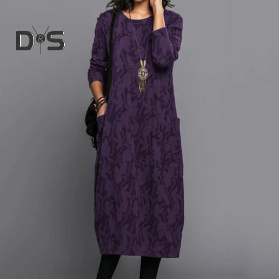 Женское платье весна-осень с круглым вырезом, длинными рукавами и боковыми карманами, свободное платье-миди длиной до середины икры с цветочным принтом для повседневной носки и поездок на работу