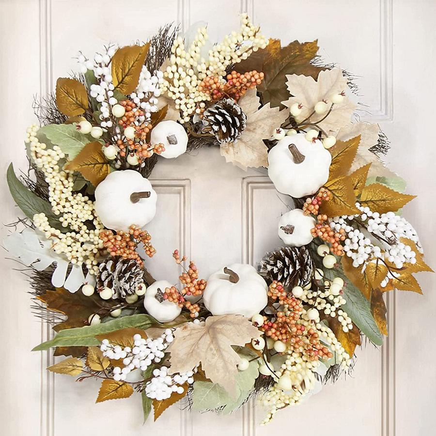 Autumn White Pumpkin Wreath Thanksgiving Decoration Maple Leaf Wreath For Front Door Hanging Indoor Outdoor Wall Home Decor 2025