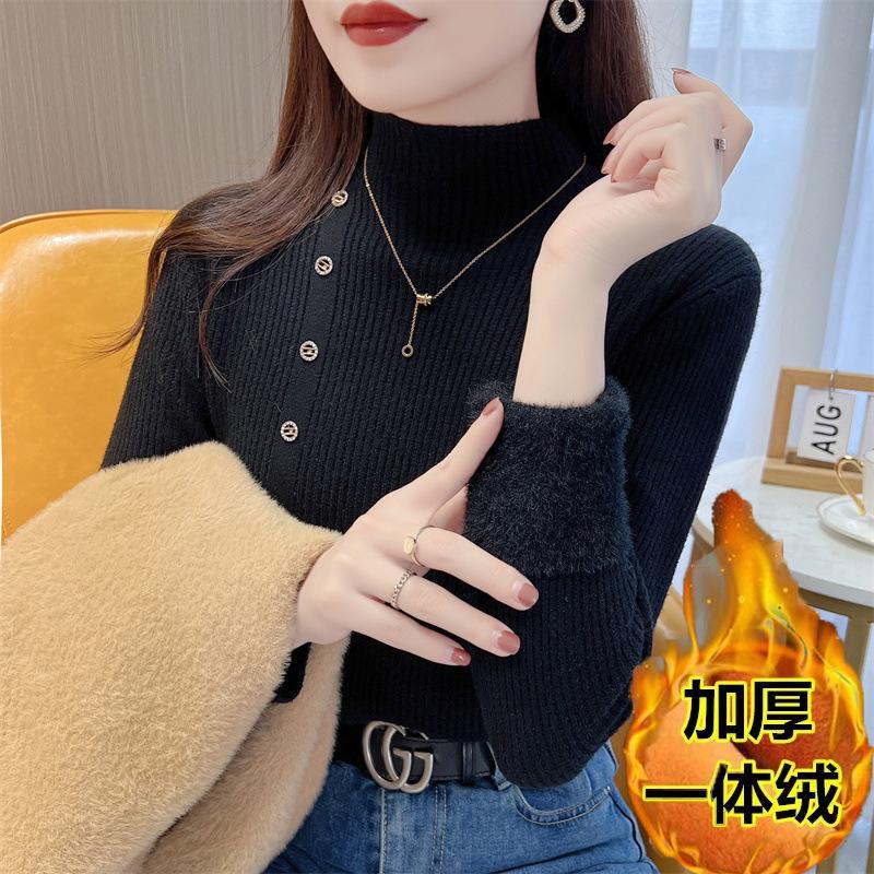 VEZFAA Women's Fashion Casual Fall Winter Solid Color Print Long Sleeve Half Turtleneck Sweaters