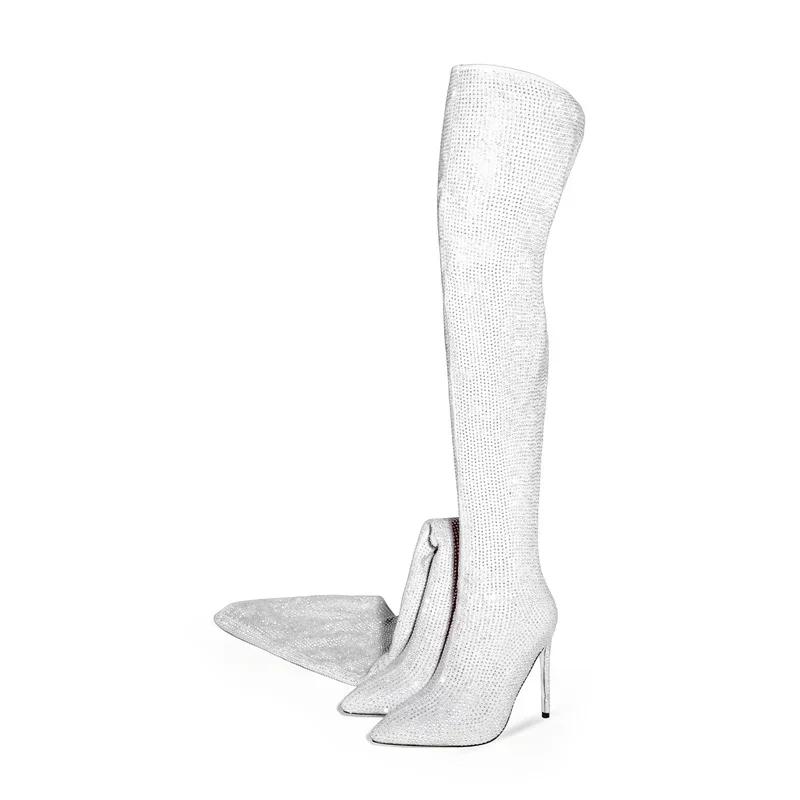 Модные серебристо-черные ботфорты на высоком каблуке 12 см, новая коллекция, блестящие бриллиантовые остроносые женские ботфорты выше колена, размер 34-46