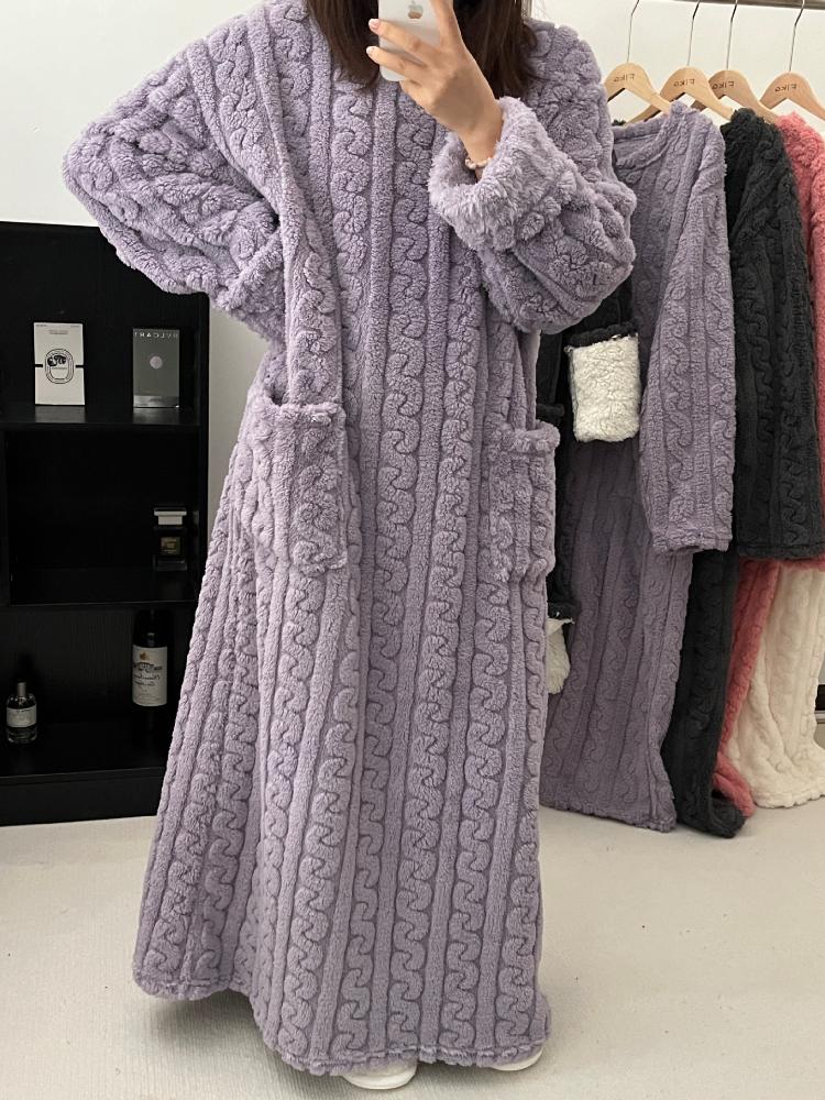 Fashion Winter Women Nightgowns Jacquard Dress Night Dress Loose Solid Color Thickened Flannel Sleepwear Home Clothes