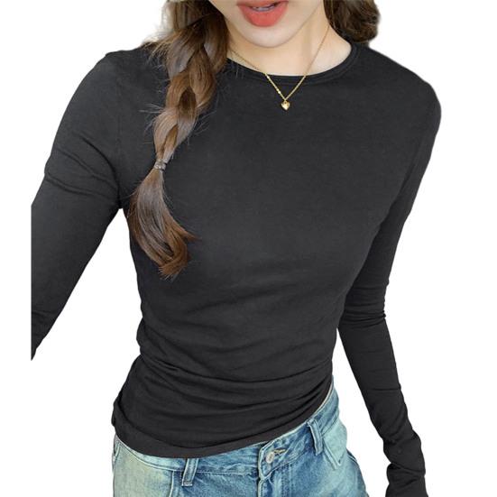 Women T-shirt Round Neck Long Sleeve Slim Fit Solid Color Tops Soft Stretchy Tee Shirt Work Party Casual Wear