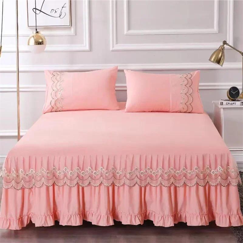 3pcs Bed Skirt Set with Ruffle Lace Anti Slip 1 8x2 0m Bed Cover Solid Mattress Dust Cover Pillowcase