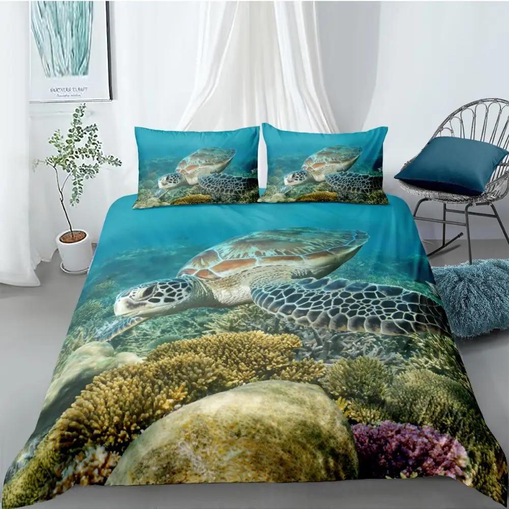 Ocean Duvet Cover Set Queen Double Size Polyester Ocean Animals Fishes Tortoise And Rainbow Color Coral Printed Comforter Cover