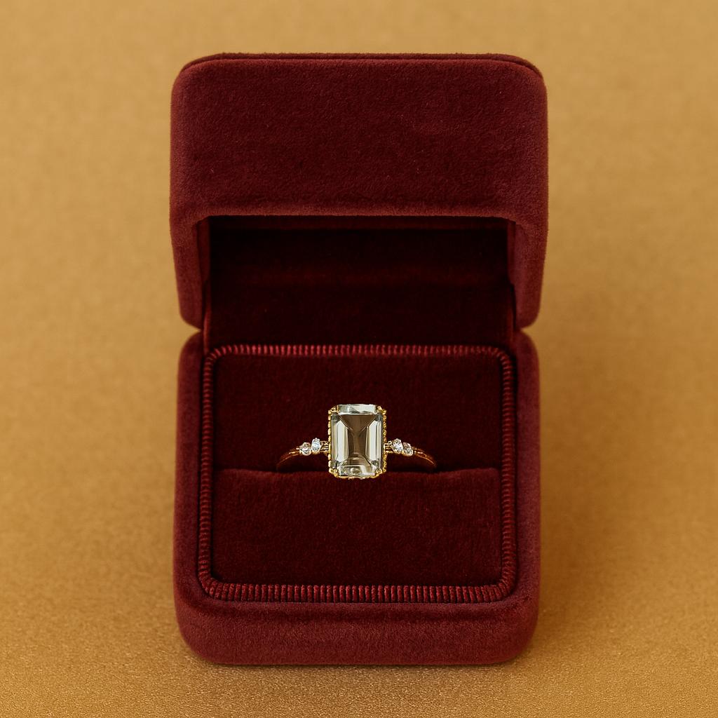 Women’s Emerald Cut Green Amethyst Gemstone Engagement Ring – Gold Plated Band with Side Diamond Accents, Elegant Statement Jewelry Gift for Her