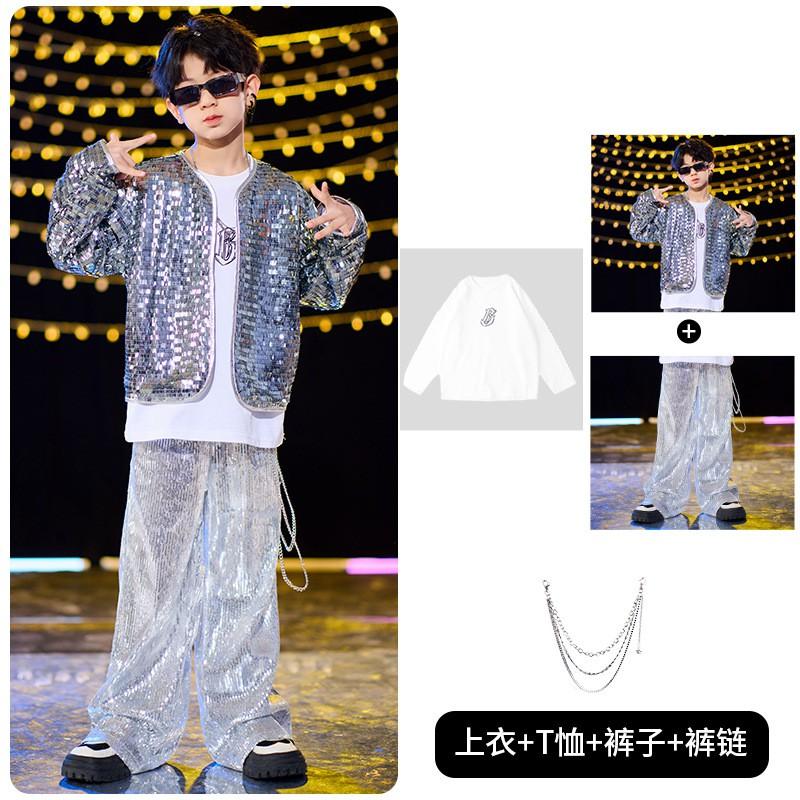 Kids Hip Hop Dance Costume Shiny Sequined Jazz Performance Set Boys Girls