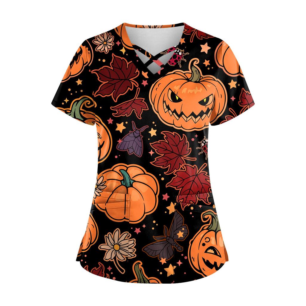 Плюс размерСкраб с принтом Рабочая форма Топы для женщин Крест V-образным вырезом Хэллоуин Принт с короткими рукавами Забавные футболки Спецодежда Футболка с карманами