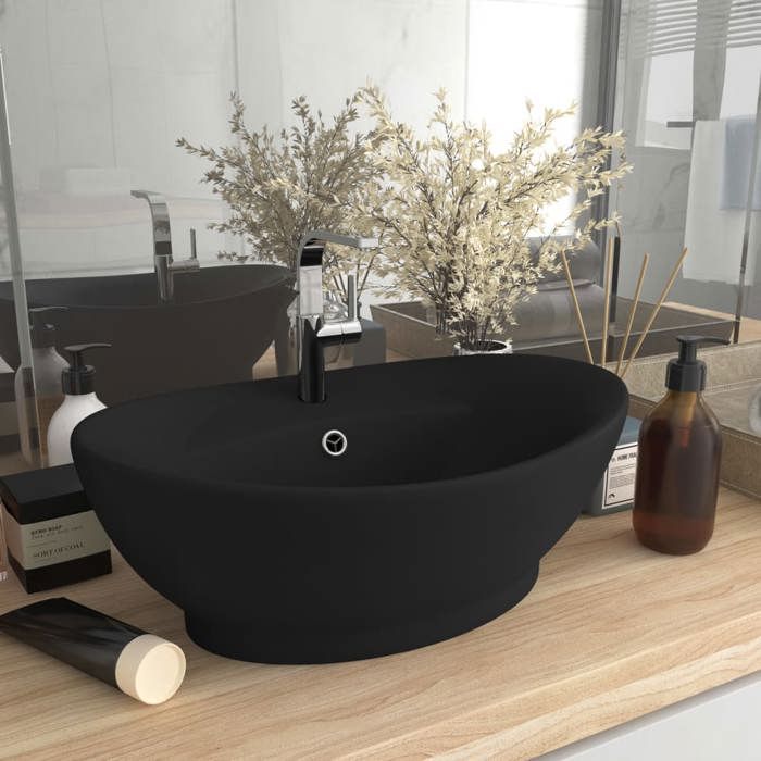 VidaXL Luxury Oval Washbasin with Overflow Countertop Washbasin Toilet Hand Basin Bathroom Cosmetic Room Matte Black 146942