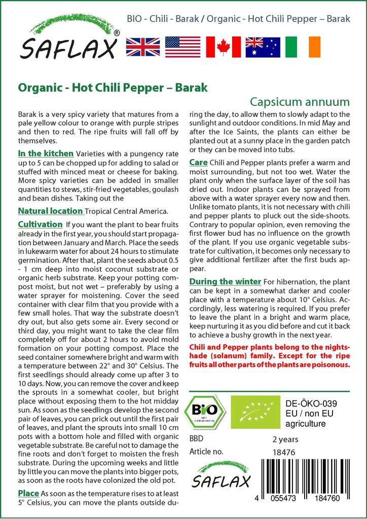 SAFLAX Garden in the Bag - Органический - Острый перец чили - Барак - 15 семян - С субстратом в подходящем пакете - Capsicum annuum
