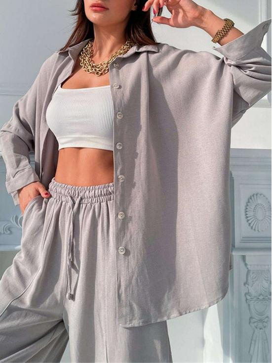 Весенний комплект-двойка 2024: Однотонная рубашка с лацканами и брюки-гаремы