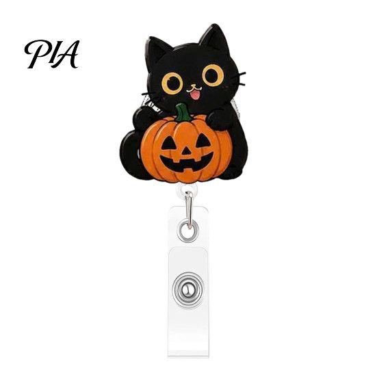 Halloween Office Supplies Black Cat Pumpkin Badge Reel, Retractable with 360 Degree Rotating Clip, Funny Ghost Holder Acrylic Decorative Reel