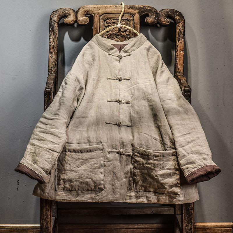 Johnature Женские парки в китайском стиле с пуговицами-стойками, однотонные карманы, осень-зима