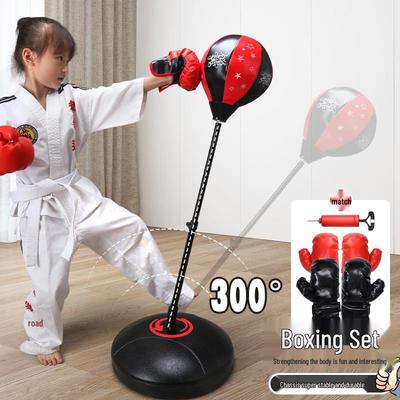 Многофункциональный детский набор для скоростного бокса: Вертикальный боксерский мешок, надувной тамблер и перчатки.