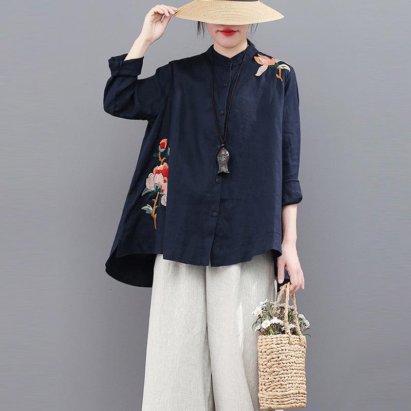 Весна Осень Круглый вырез Длинный рукав Модная рубашка Женская High Street Вышитые пуговицы Кардиган Чистый хлопок Элегантные топы