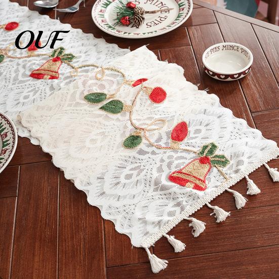 Vintage Table Runners Christmas Lace Runner with Tassels, Embroidered Festive Dining Tablecloths Cover, Decorative Cover for Holiday Parties Decor