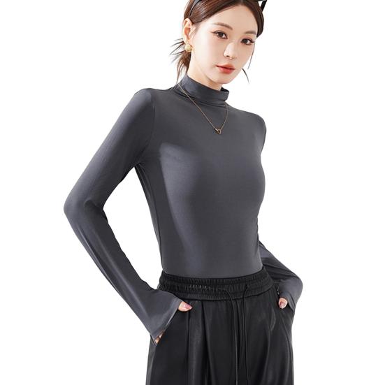 Women Bottoming Tops Half High Collar Long Sleeve Solid Color Slim Fit