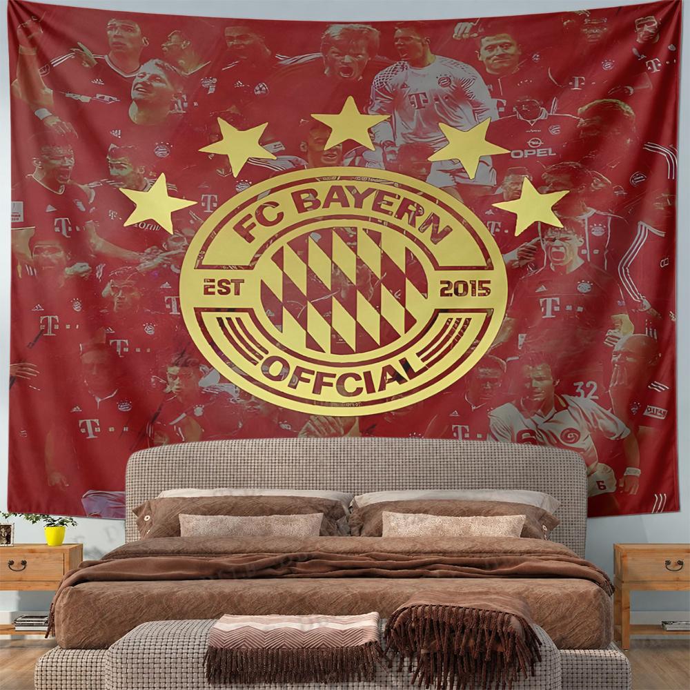 FC Bayern Munich Football Club Golden Crest Wall Tapestry Five Stars Team Collage Red Fan Decor for Man Cave Living Room Gift