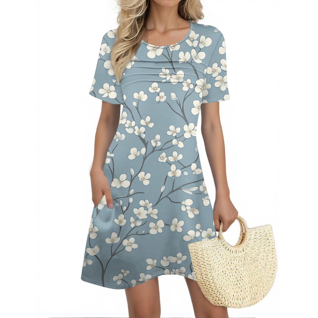 Женские летние платья Женские летние платья с цветочным принтом Повседневные платья с коротким рукавом и круглыми карманами
