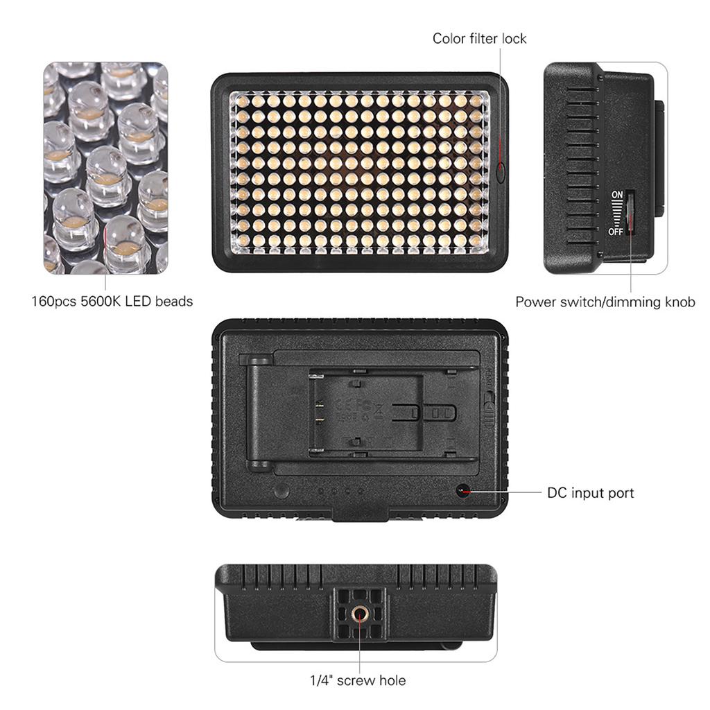 Professional Dimmable Ultra High Power LED Video Light 5600K Photography Fill Light 160 LEDs Beads CRI 95+ with Color