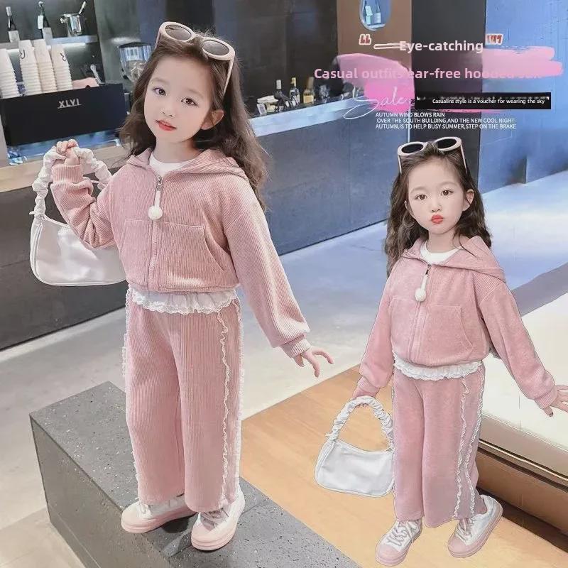 2024 Fashionable Girls' Long-Sleeve Sweatshirt Jackets and Casual Trousers for Autumn/Winter