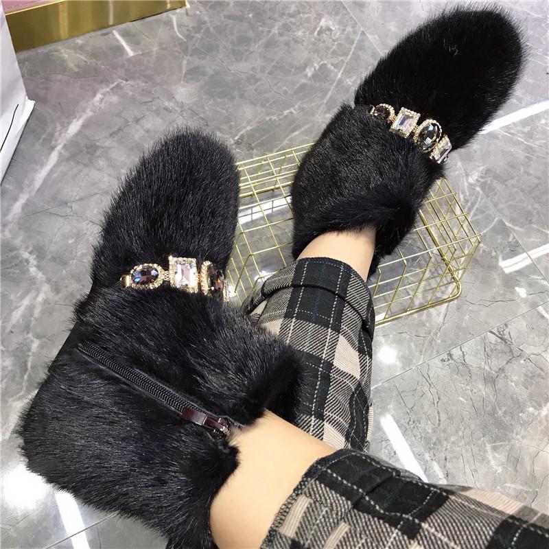 Fashion Women Mink Fur Flat Casual Shoes Ankle Winter Warm Snow Boots Crystal Decor Outside Footwear Short Boots Black
