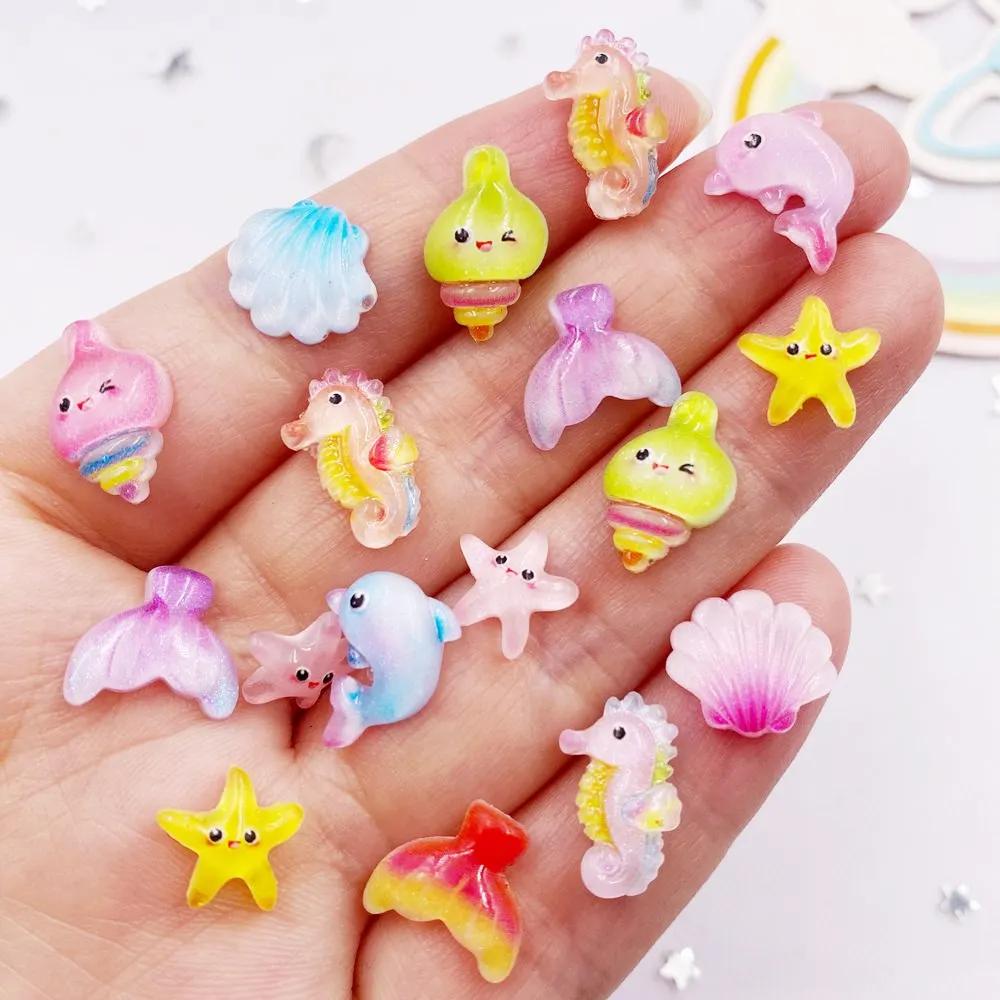 50pcs Glitter Mixed Resin Mini Colorful Mermaid Tail Shell Starfish Seahorse Conch Flatback Figurines Rhinestones Nail Art DIY Scrapbook Accessories