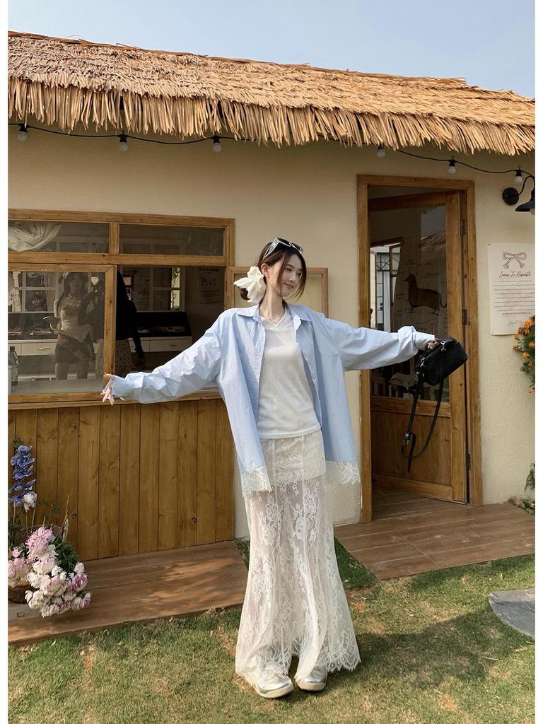 Женская синяя рубашка-жакет с кружевными вставками - корейский дизайн 2025 года, свободный крой, защита от солнца для лета