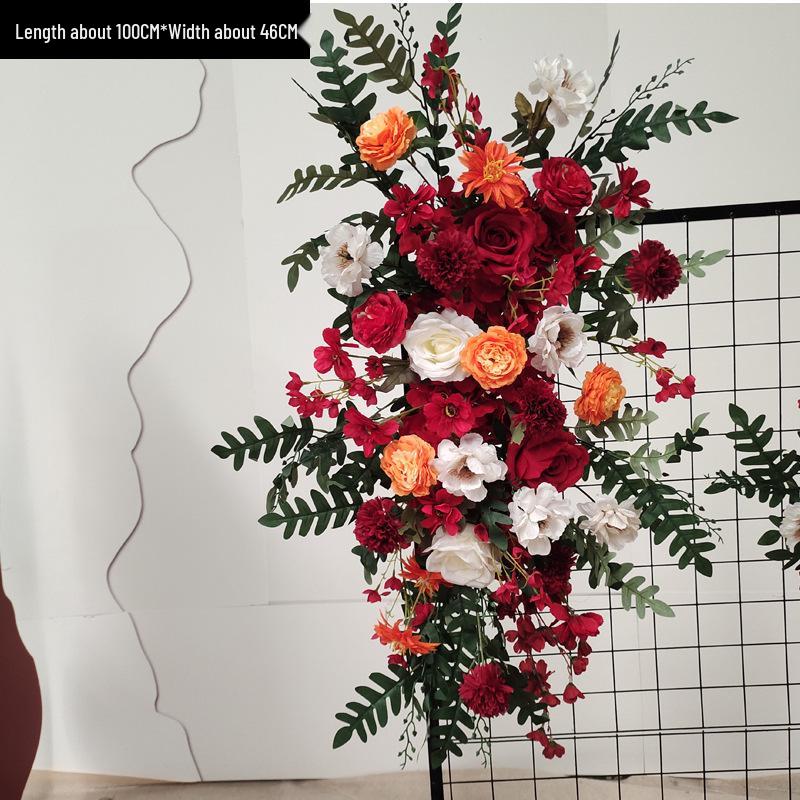 Red Floral Wedding Stage Backdrop with Artificial Flower Rows